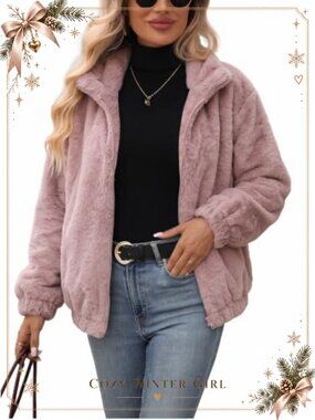 Faux Fur Coat Full Zip Crop Fleece Jacket Warm Winter Outerwear